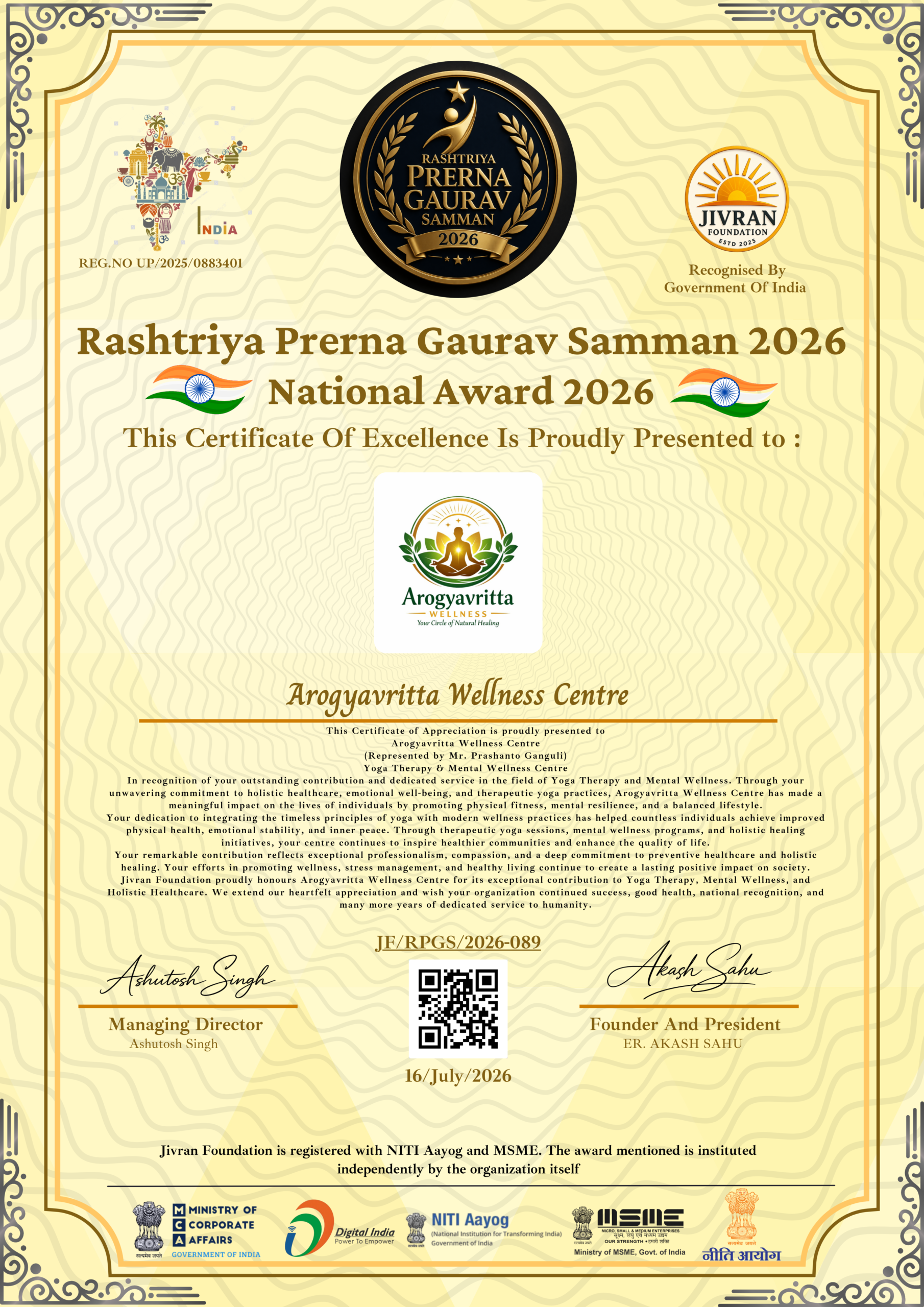 Arogyavritta Wellness Achievement Certificate